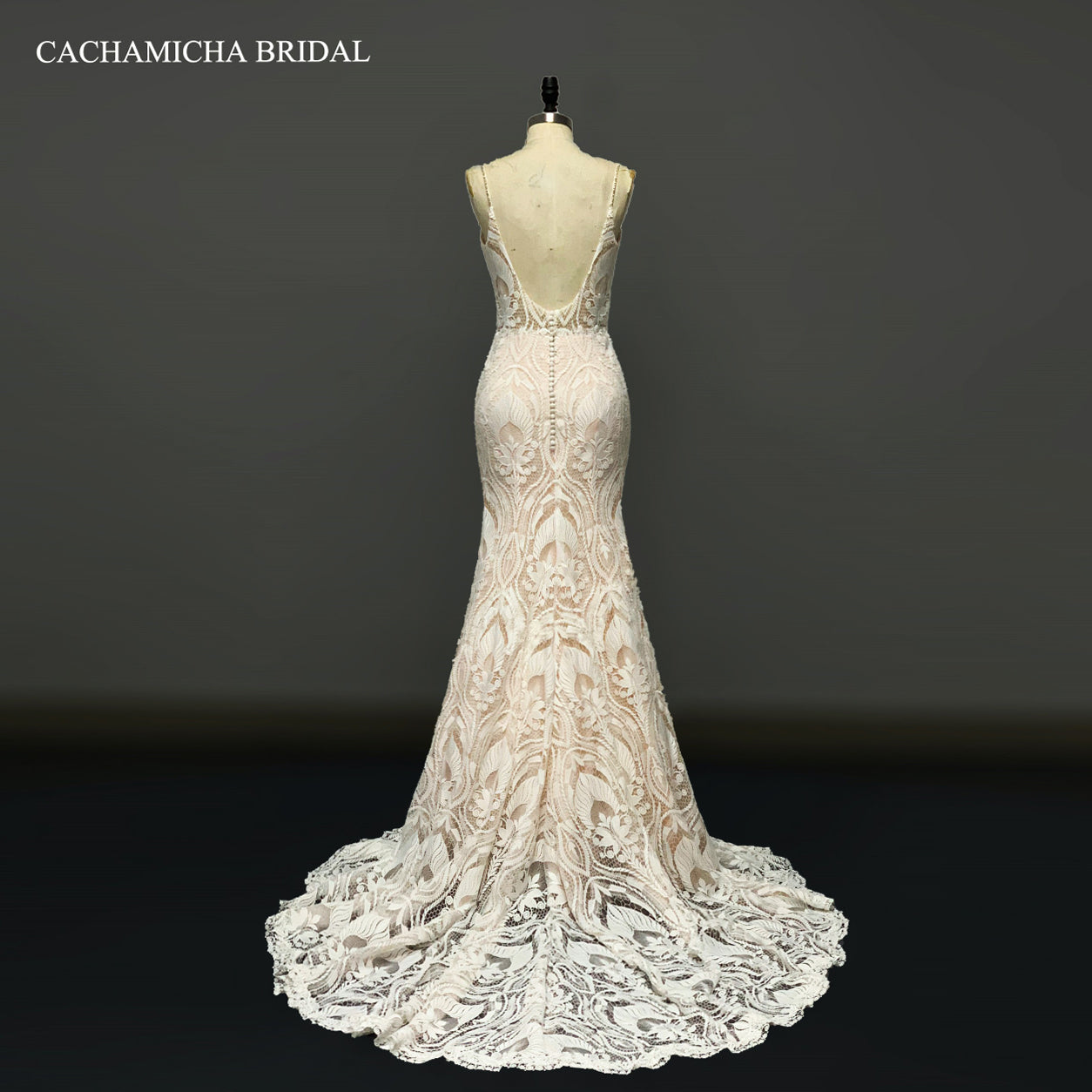 Low Back Bohemia Lace Blush Mermaid Wedding Gown 4196
