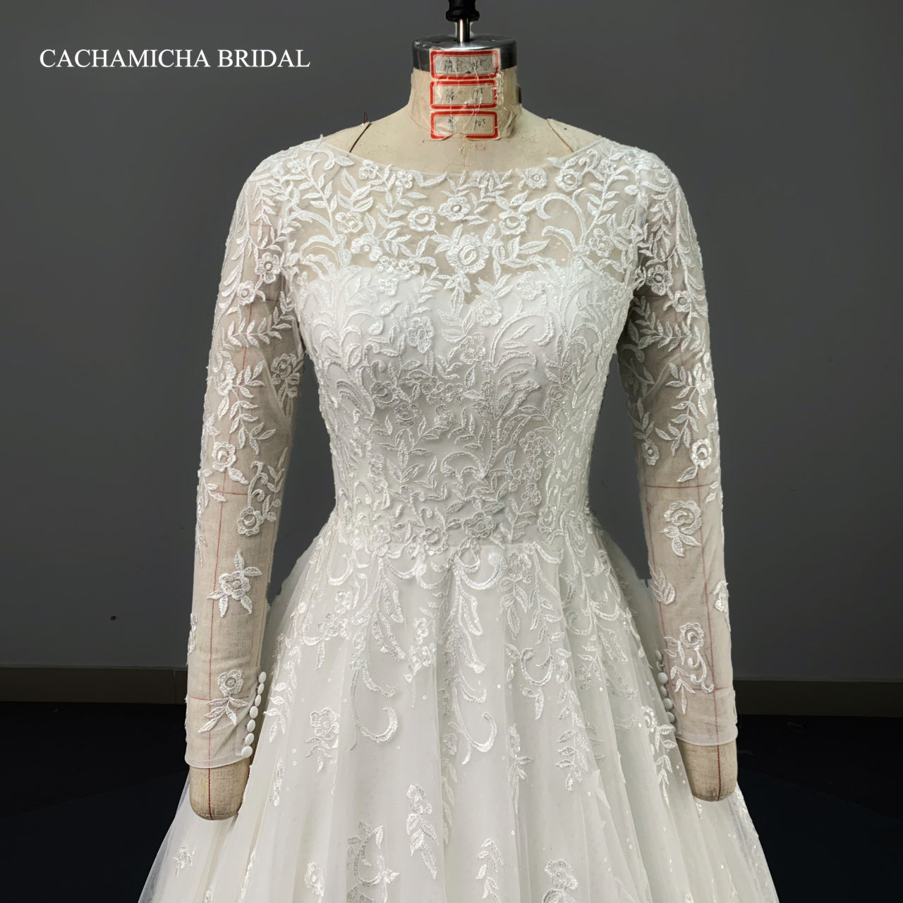 Modest Long Sleeves Boat Neck Lace Wedding Dress 7121