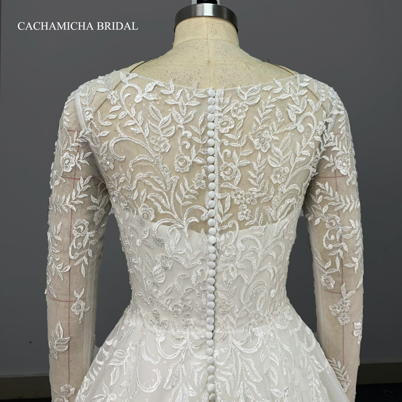Modest Long Sleeves Boat Neck Lace Wedding Dress 7121