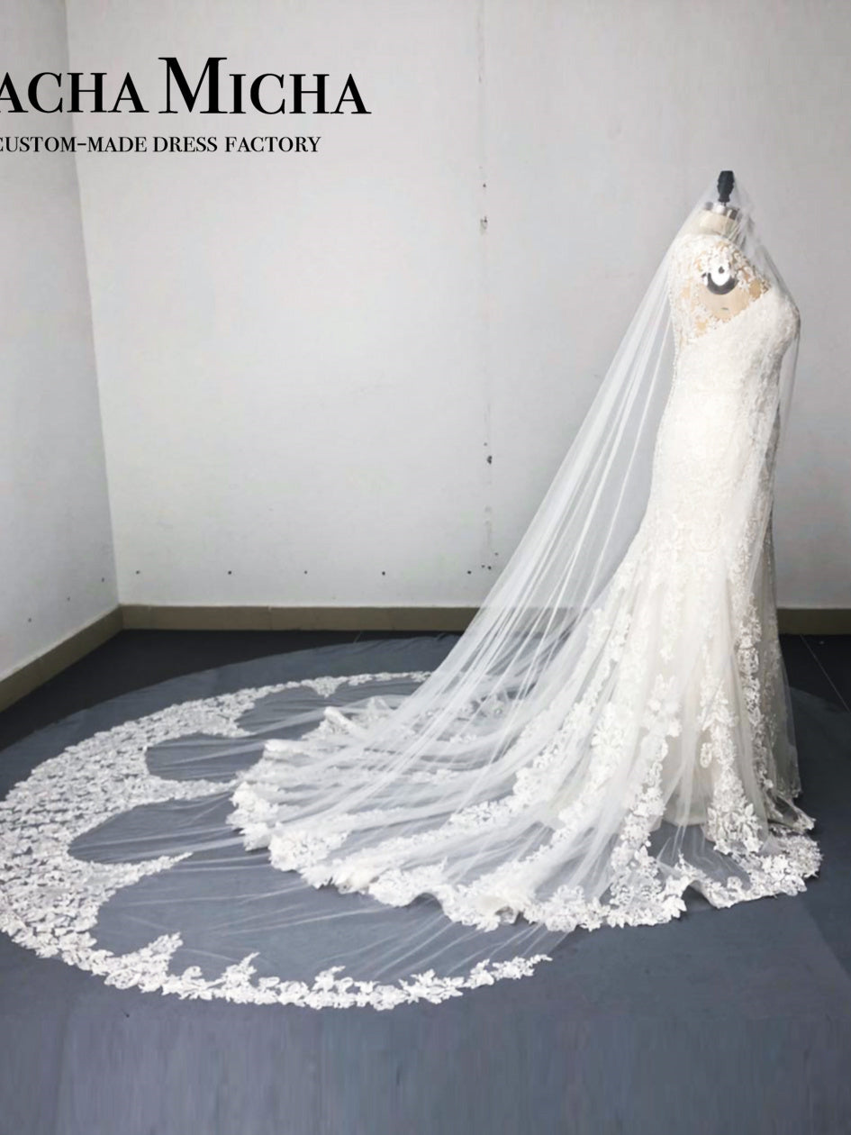 long train heavy beaded lace bridal veil 7236