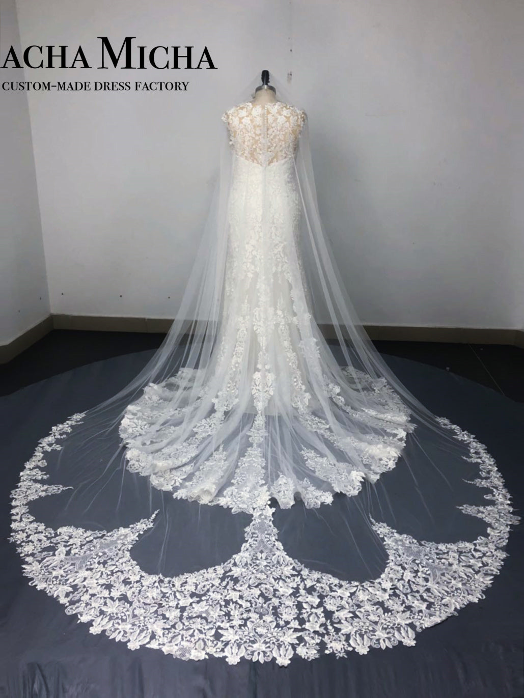 long train heavy beaded lace bridal veil 7236