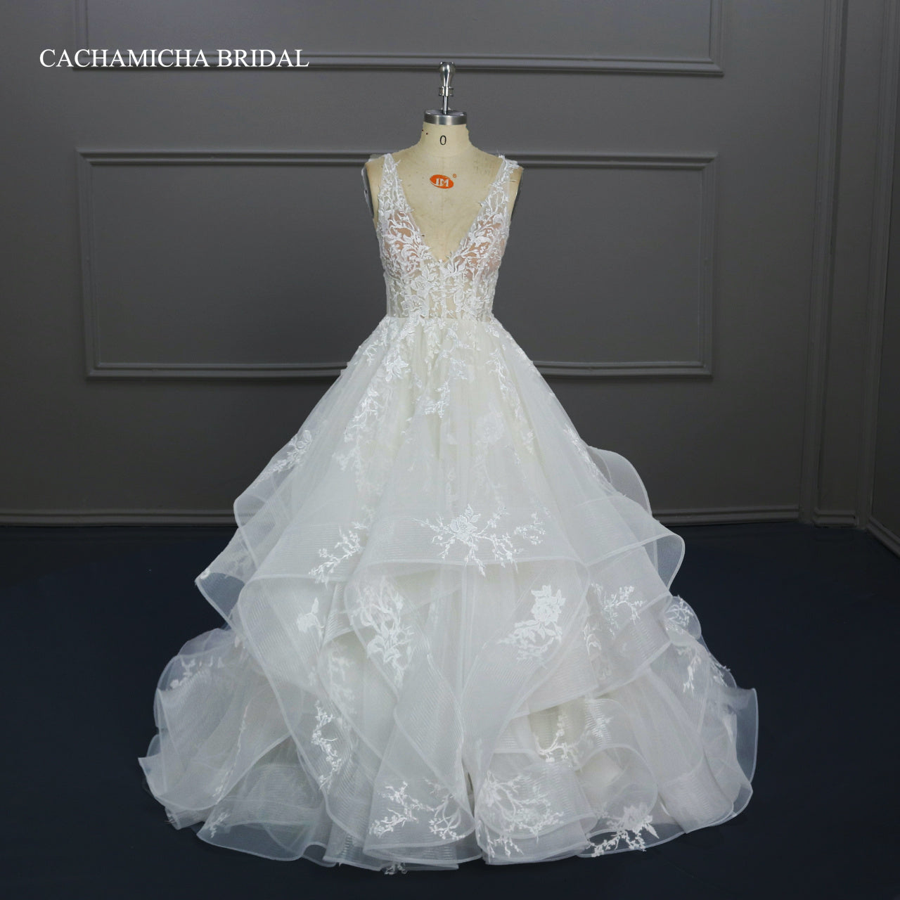 Lace Appliqued Illusion Top Ruffles Ball Gown Wedding Dress J143