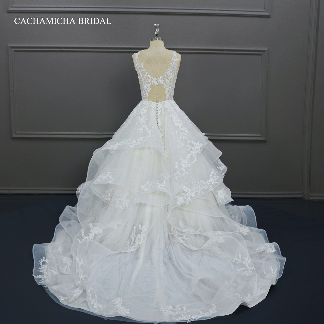 Lace Appliqued Illusion Top Ruffles Ball Gown Wedding Dress J143