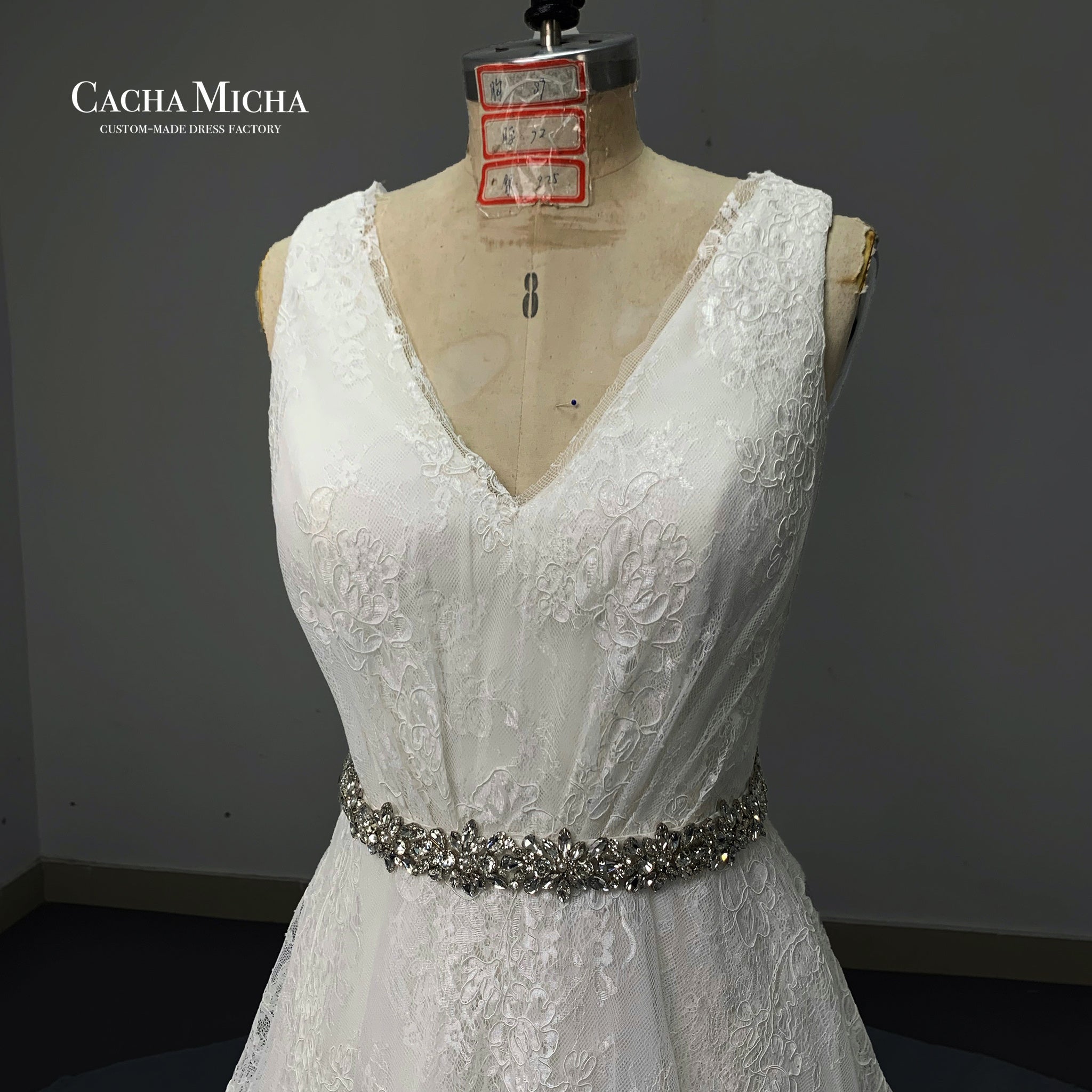 Beaded belt elegant a line french lace bridal dress O406