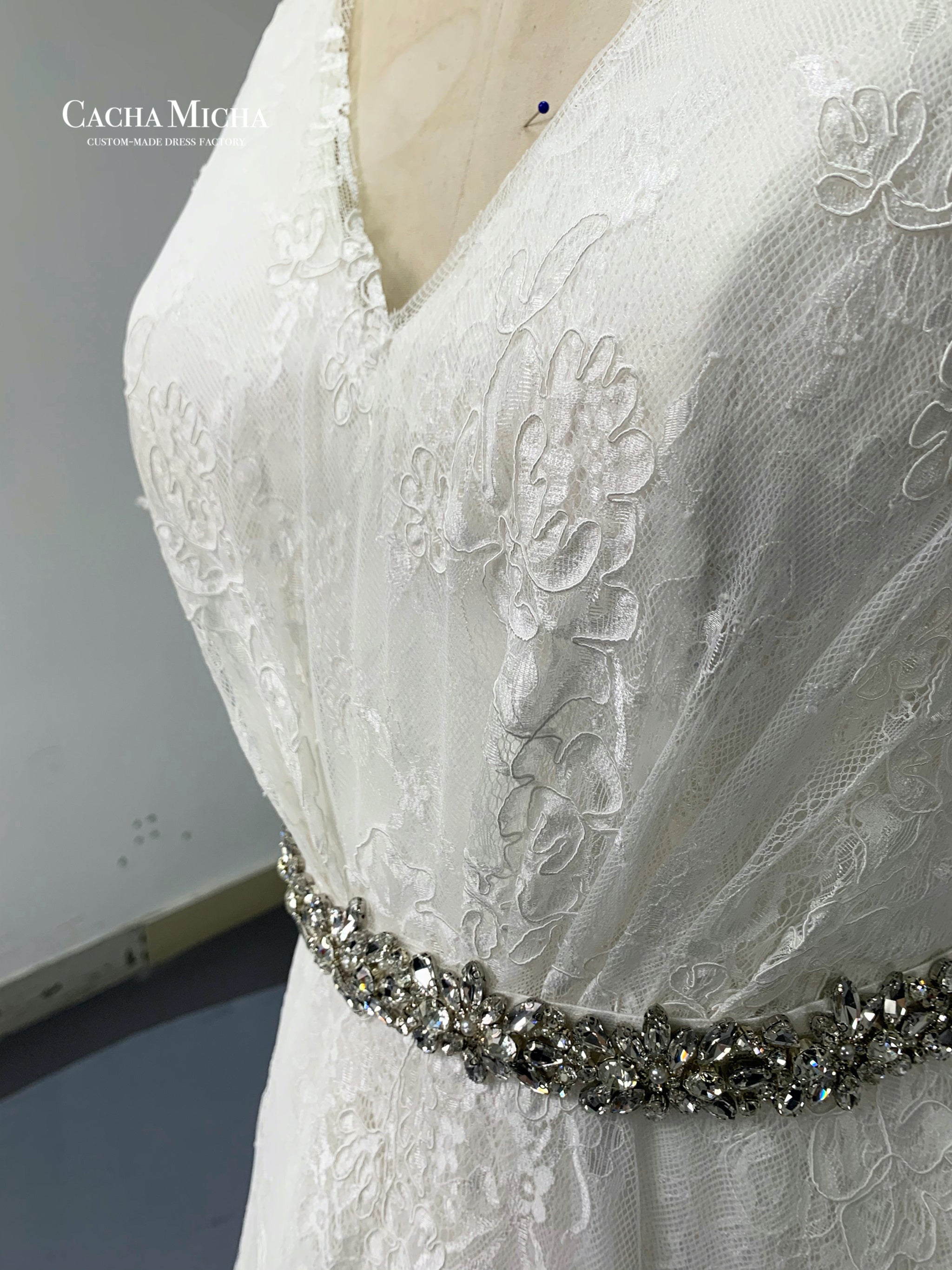 Beaded belt elegant a line french lace bridal dress O406