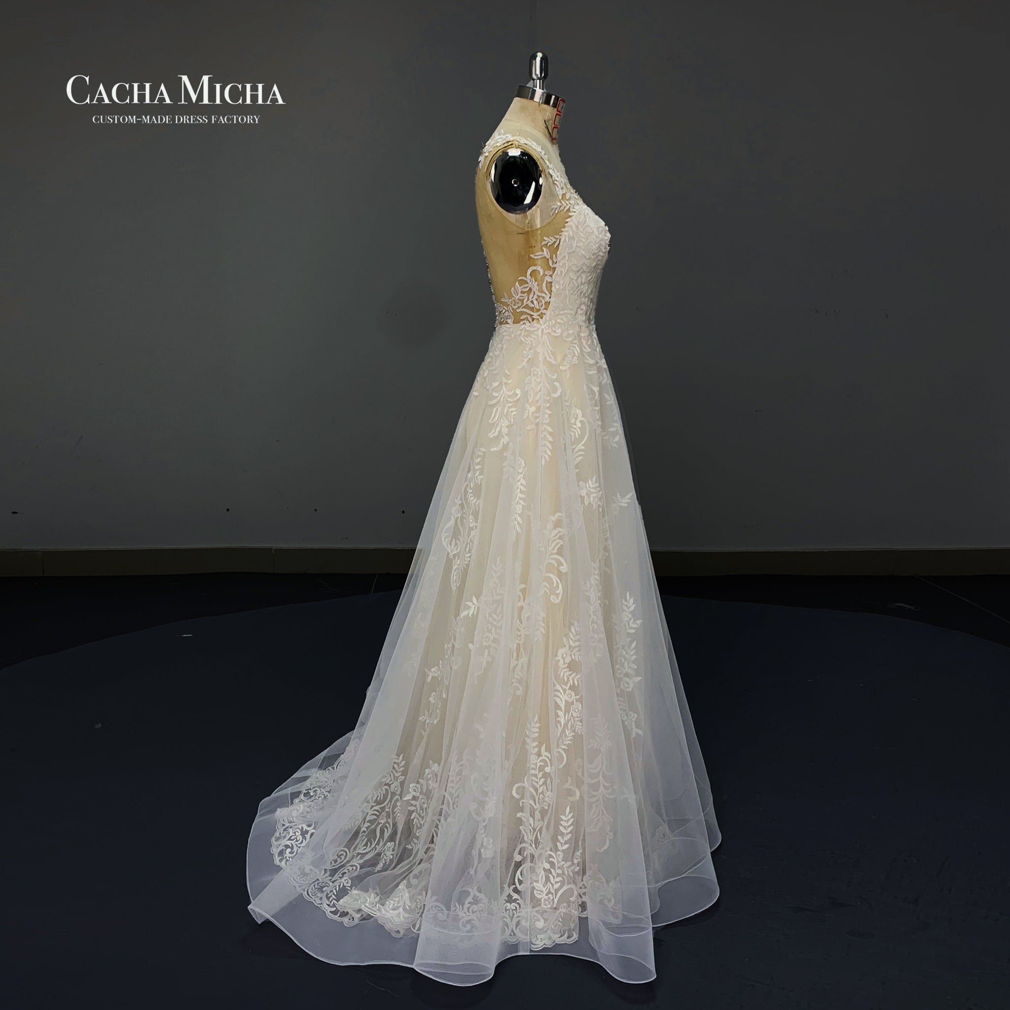 Flowy Lace A Line Champagne Bridal Wedding Dress O416
