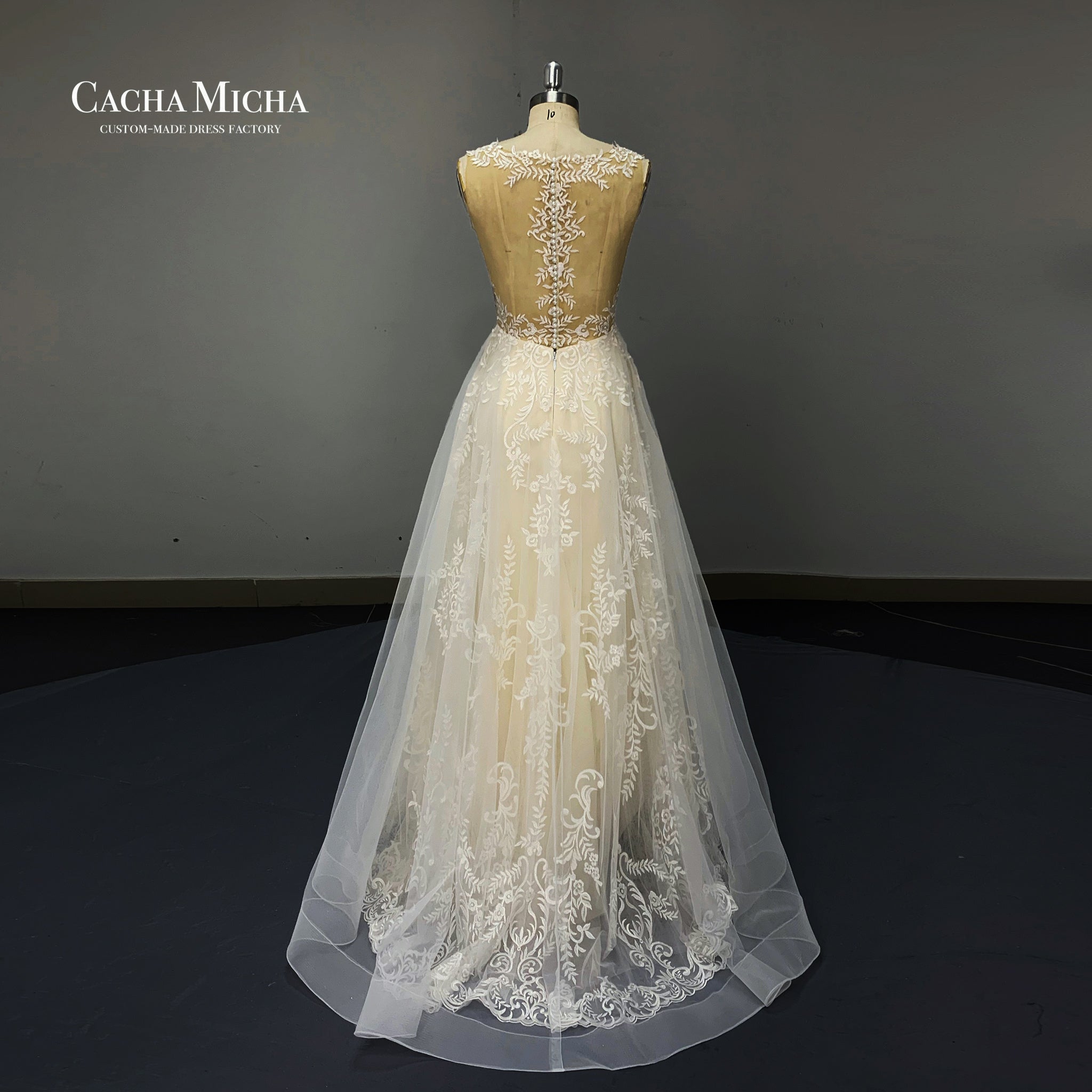 Flowy Lace A Line Champagne Bridal Wedding Dress O416