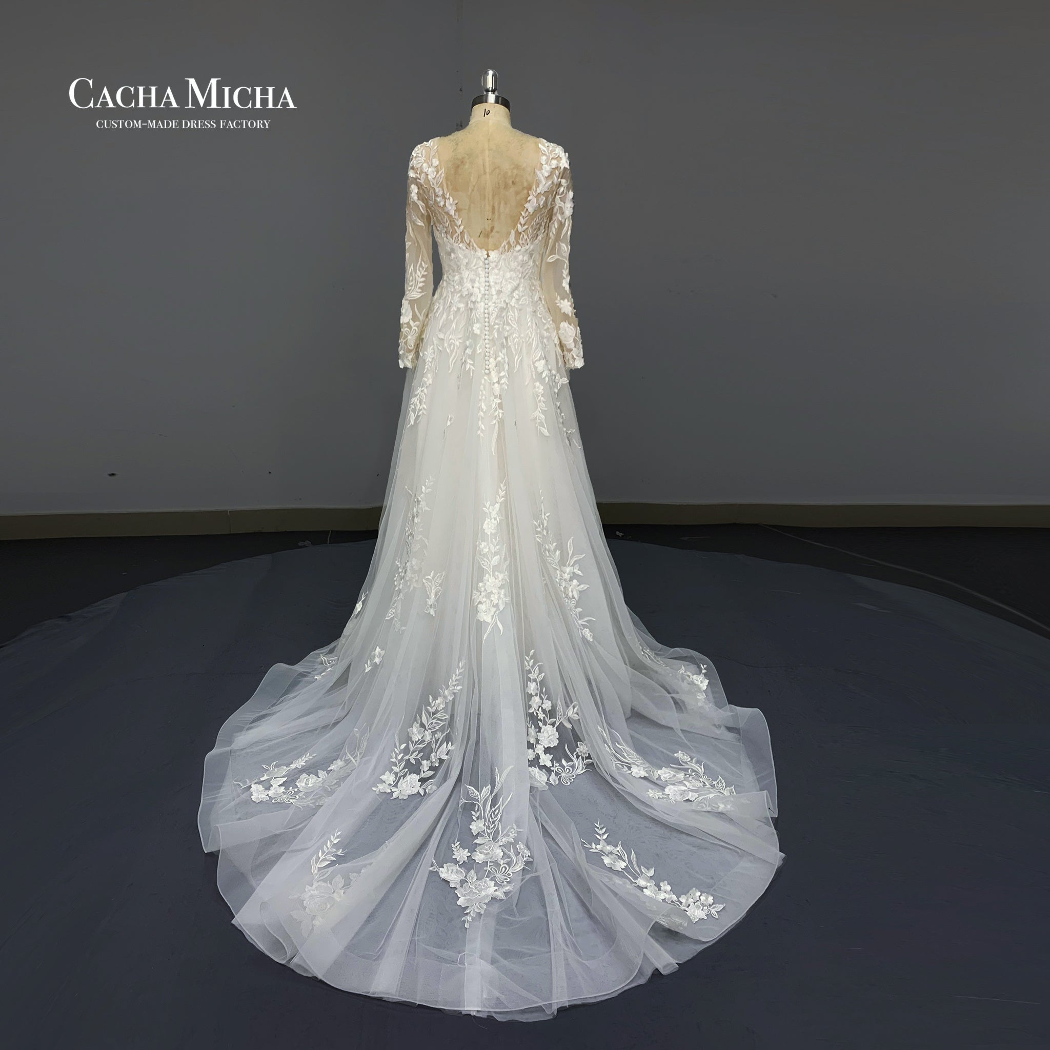 Elegant Long Sleeves Lace A Line Bridal Dress O426