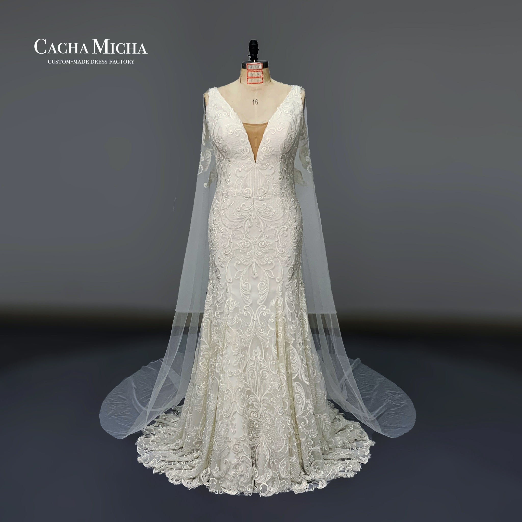 Heavy Beaded Lace Trumpet Bridal Dress With Cape O448