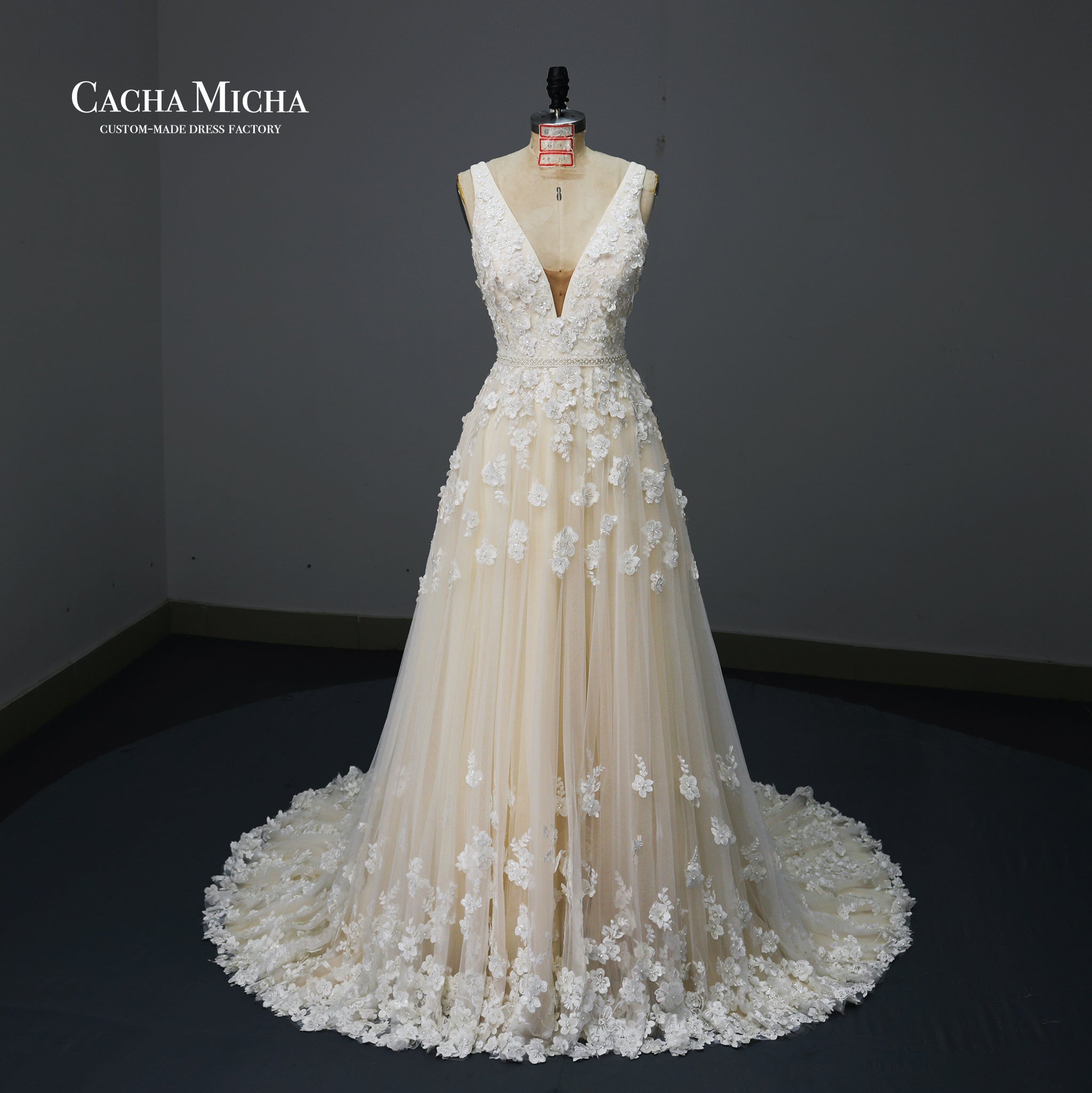 luxury 3D flower lace a line wedding dress O501