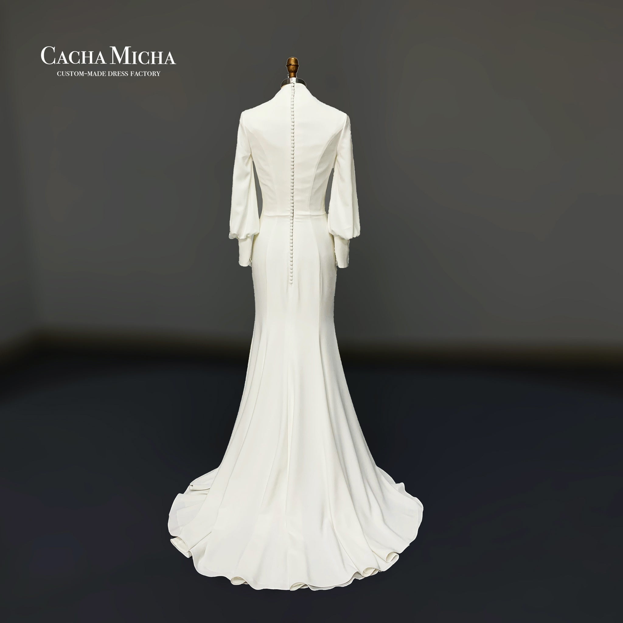 Queen Ann neckline long sleeves fishtail crepe muslim wedding gown O528